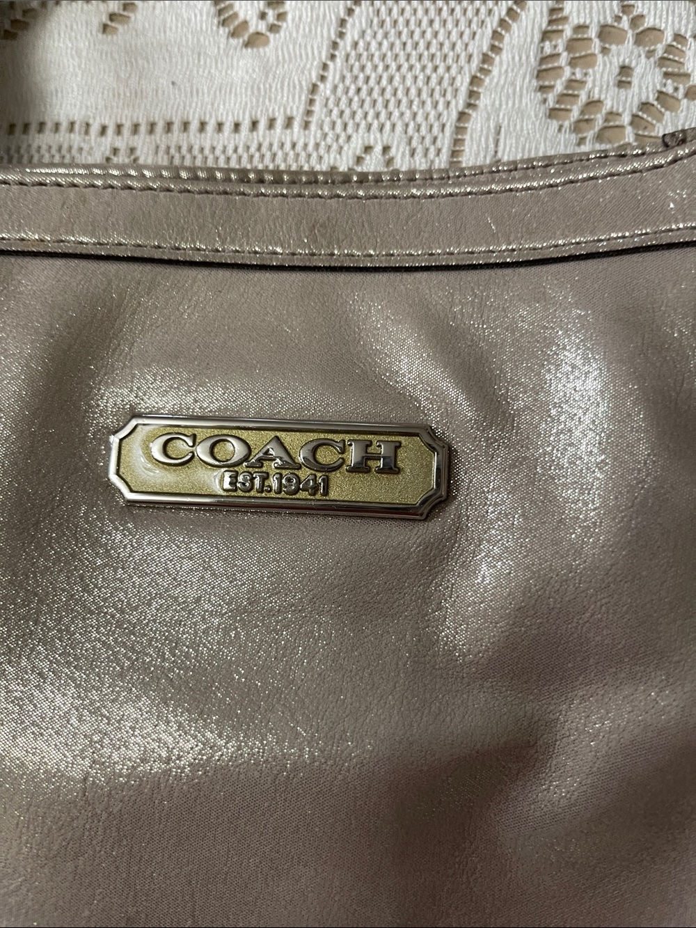 Coach Metallic Taupe Shoulder Tote with Gold Plaque